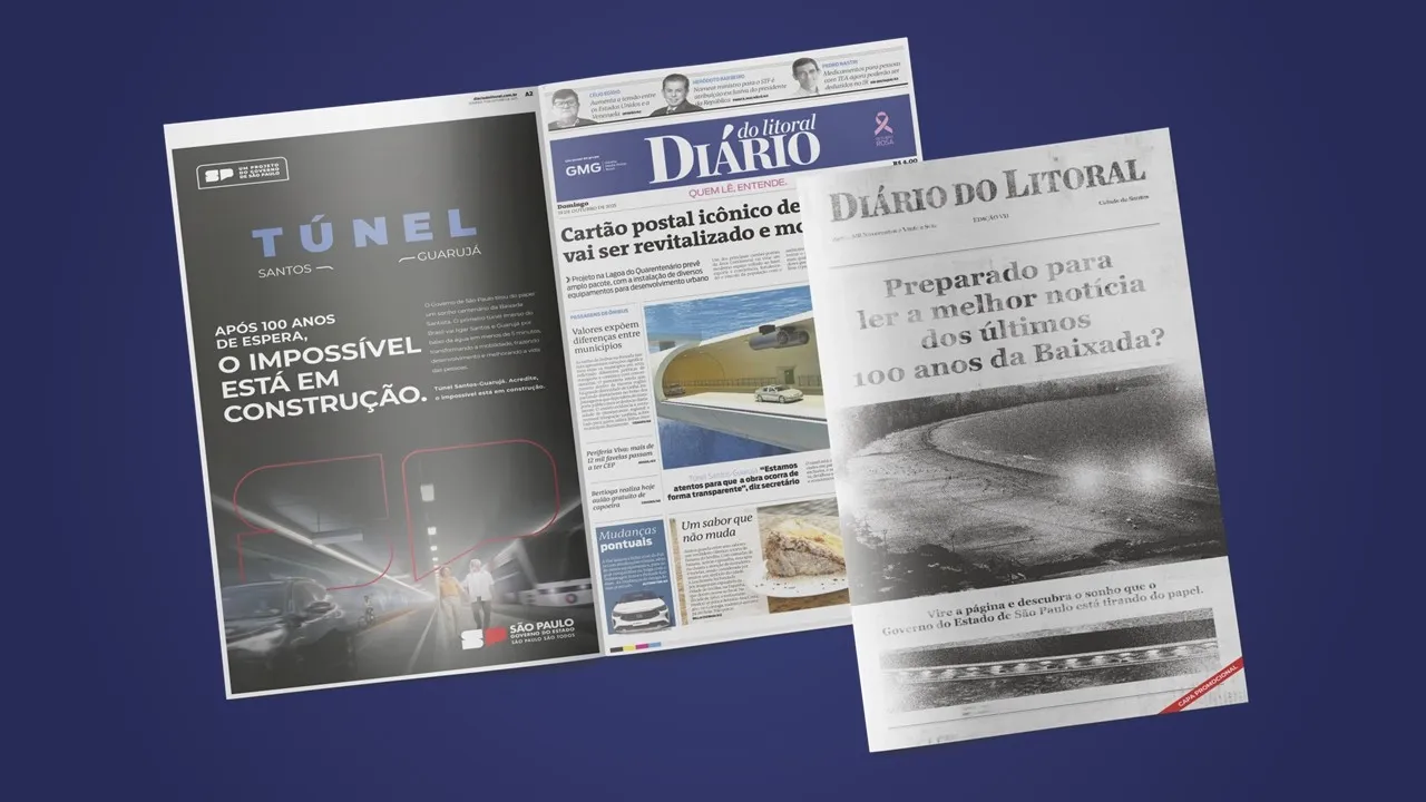 Capa do Diário do Litoral destaca início do túnel Santos-Guarujá