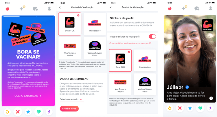 Tinder incentiva vacinação com novo recurso no app