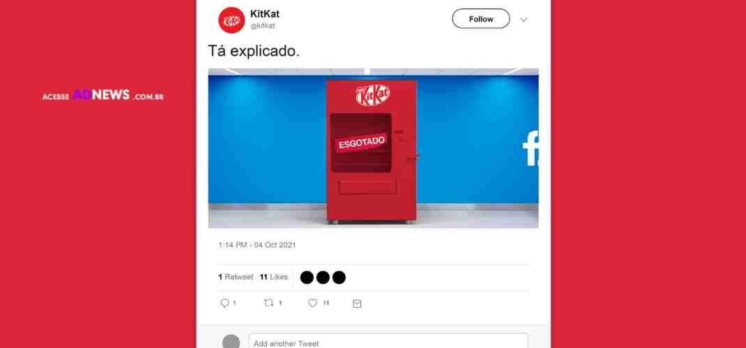 No Twitter, Kik Kat faz post que sugere que times do WhatsApp, Instagram e Facebook estão dando um break para comer o chocolate