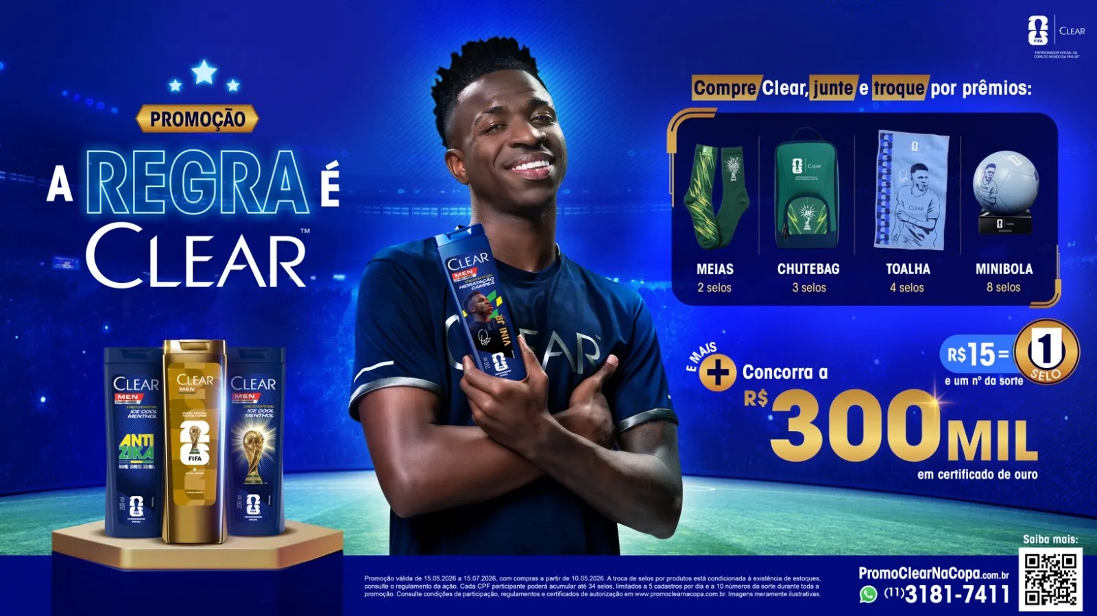 Clear lança promoção “Junte e Troque” para a Copa 2026 e sorteia prêmio de R$ 300 mil