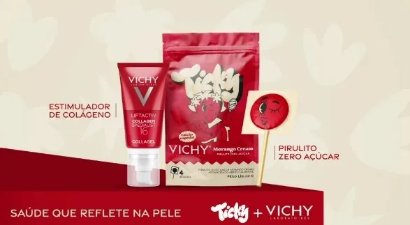 Ticky e Vichy anunciam collab com pirulito zero açúcar de morango cream